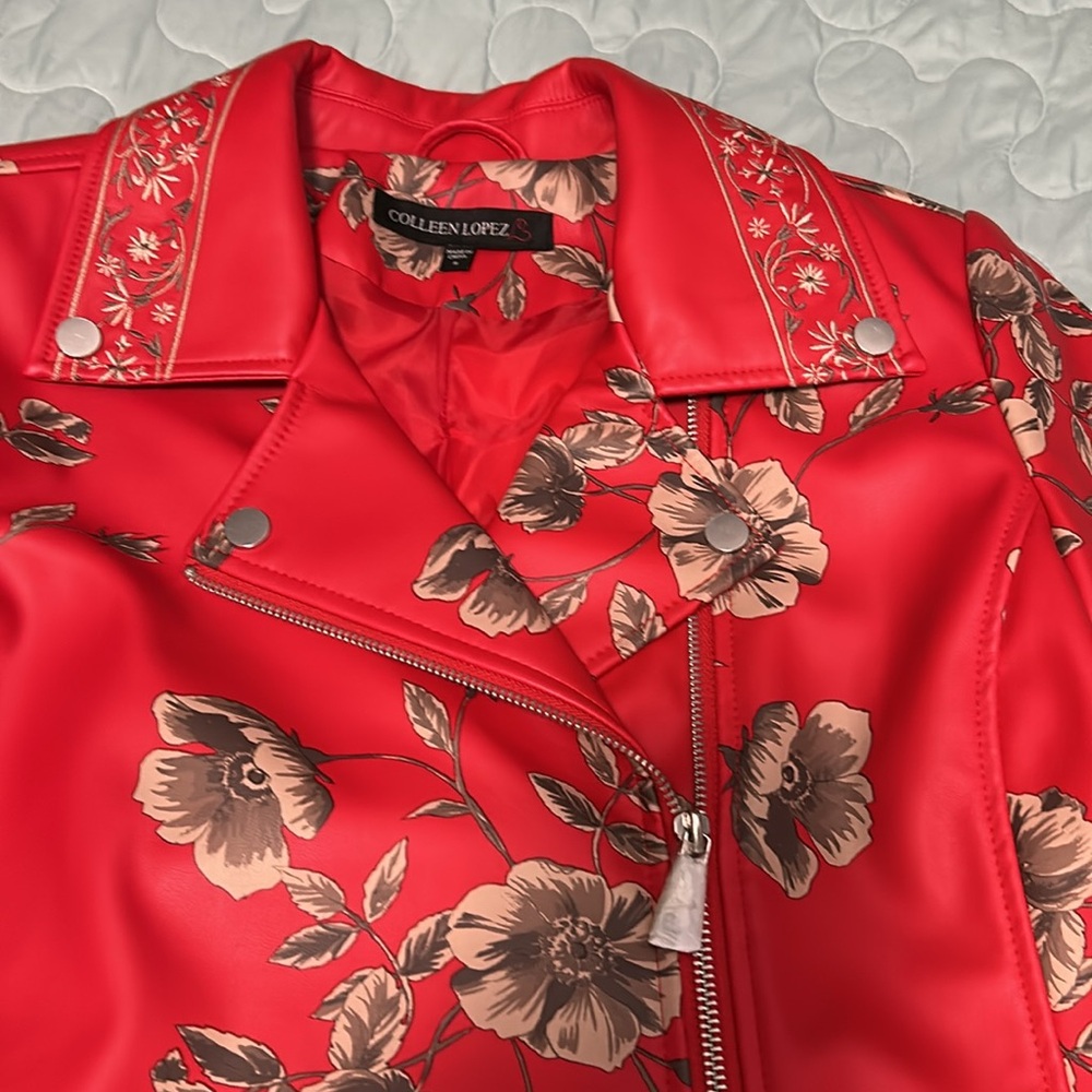Exclusive Colleen Lopez embroidered FAUX leather printed moto jacket